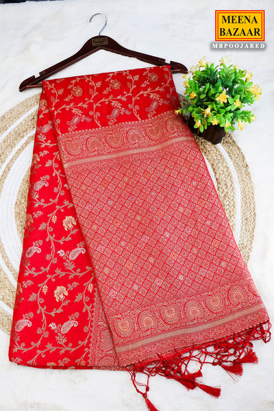 Red Silk Blend Zari Woven Saree