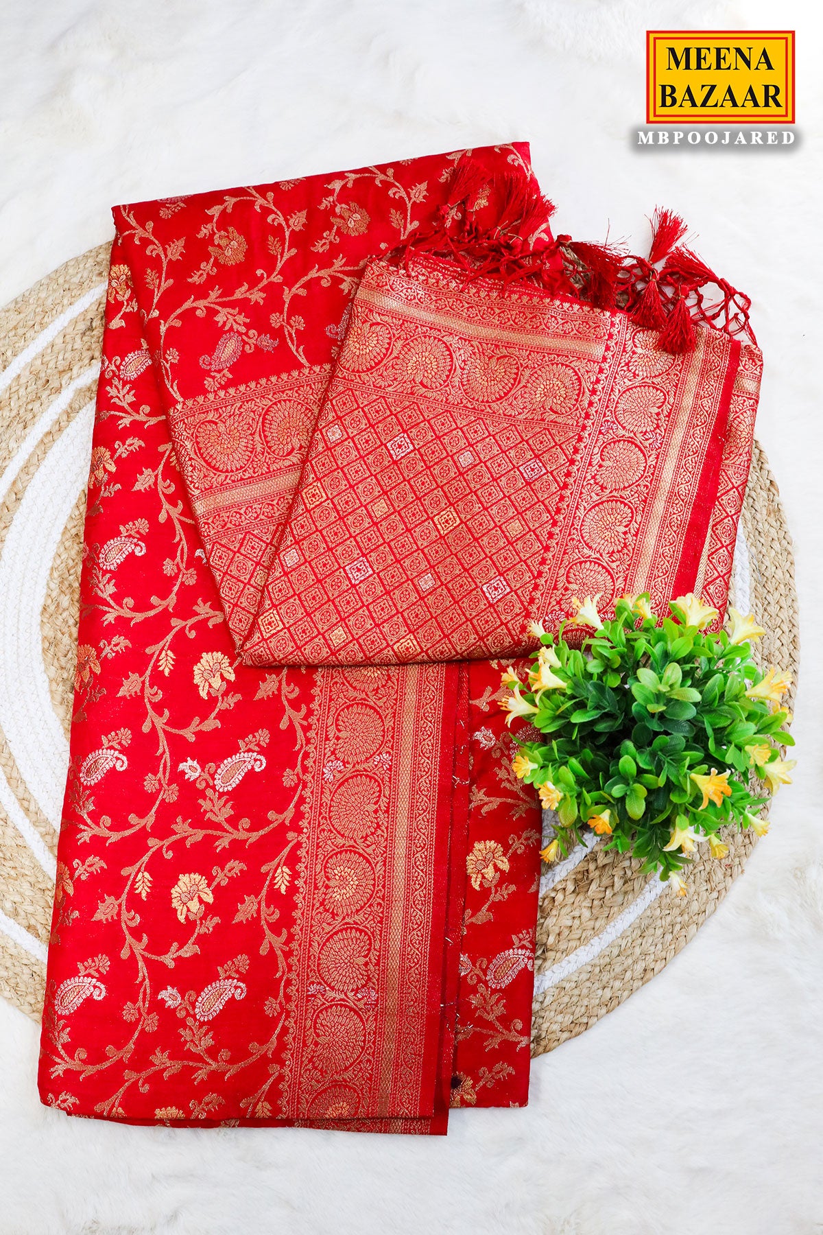 Red Silk Blend Zari Woven Saree