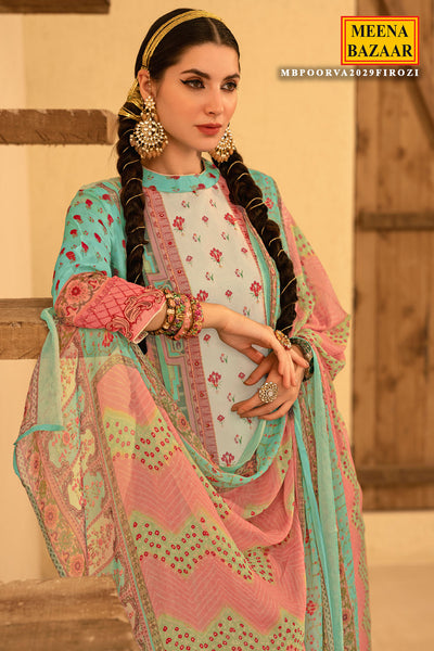 Firozi Organza Printed Zari and Sequins Embroidered Suit Set