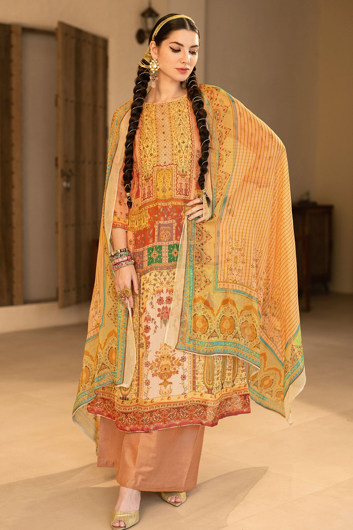Mustard Organza Printed Zari and Sequins Embroidered Suit Set
