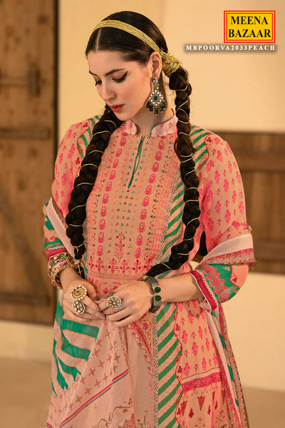 Peach Organza Printed Zari and Sequins Embroidered Suit Set