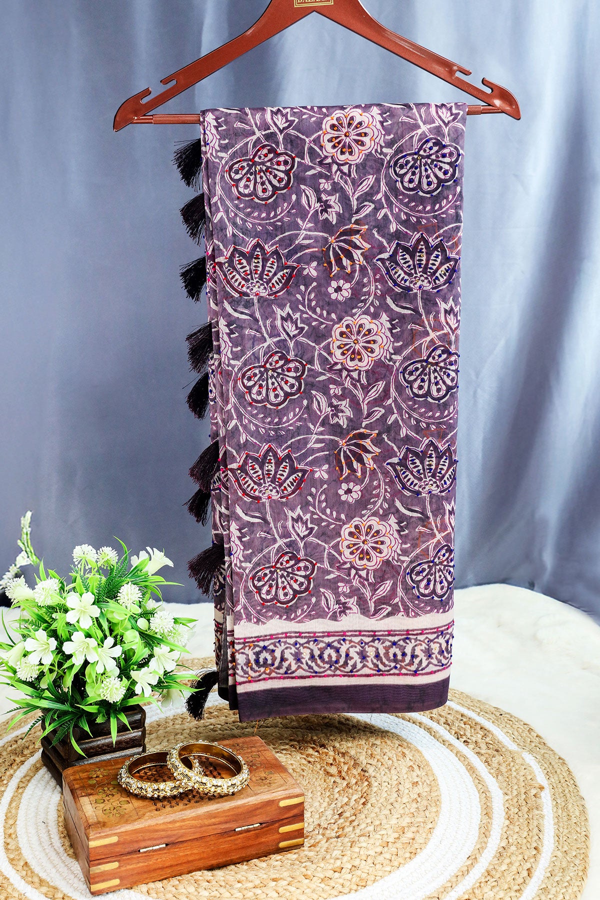 Mauve Floral Printed Cotton Saree