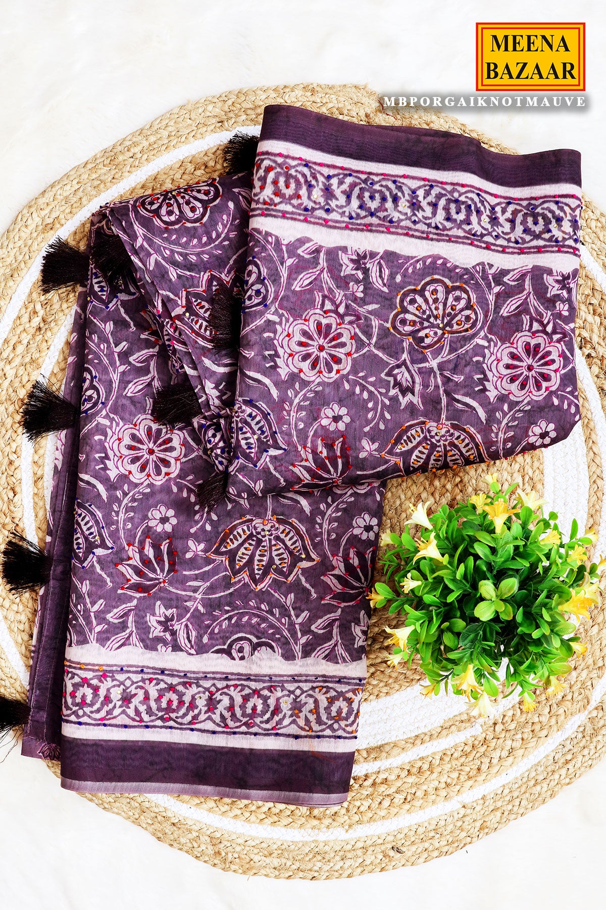 Mauve Floral Printed Cotton Saree