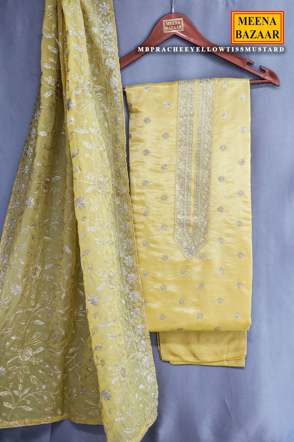 Mustard Tissue Sequin and Zari Embroidered Unstitched Suit Set