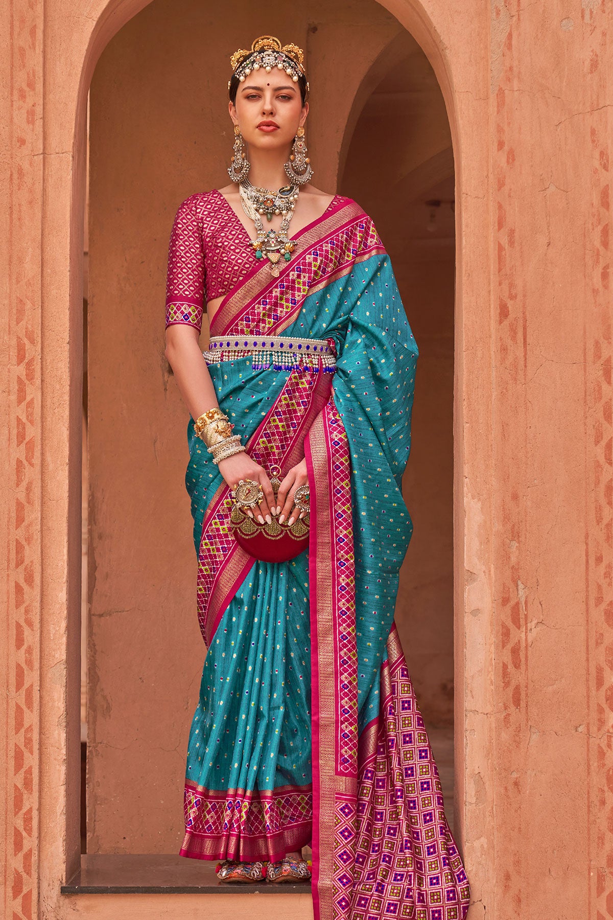 Firozi Patola Silk Zari Woven Saree