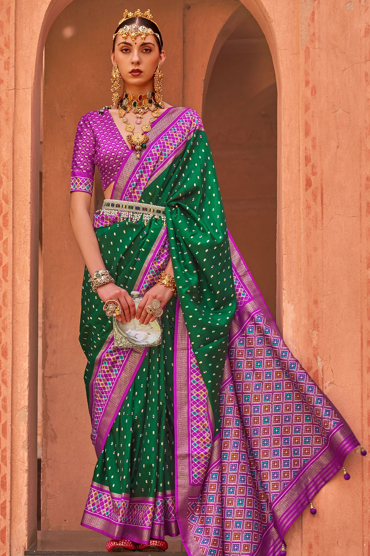 Bottle Green Patola Silk Zari Woven Saree