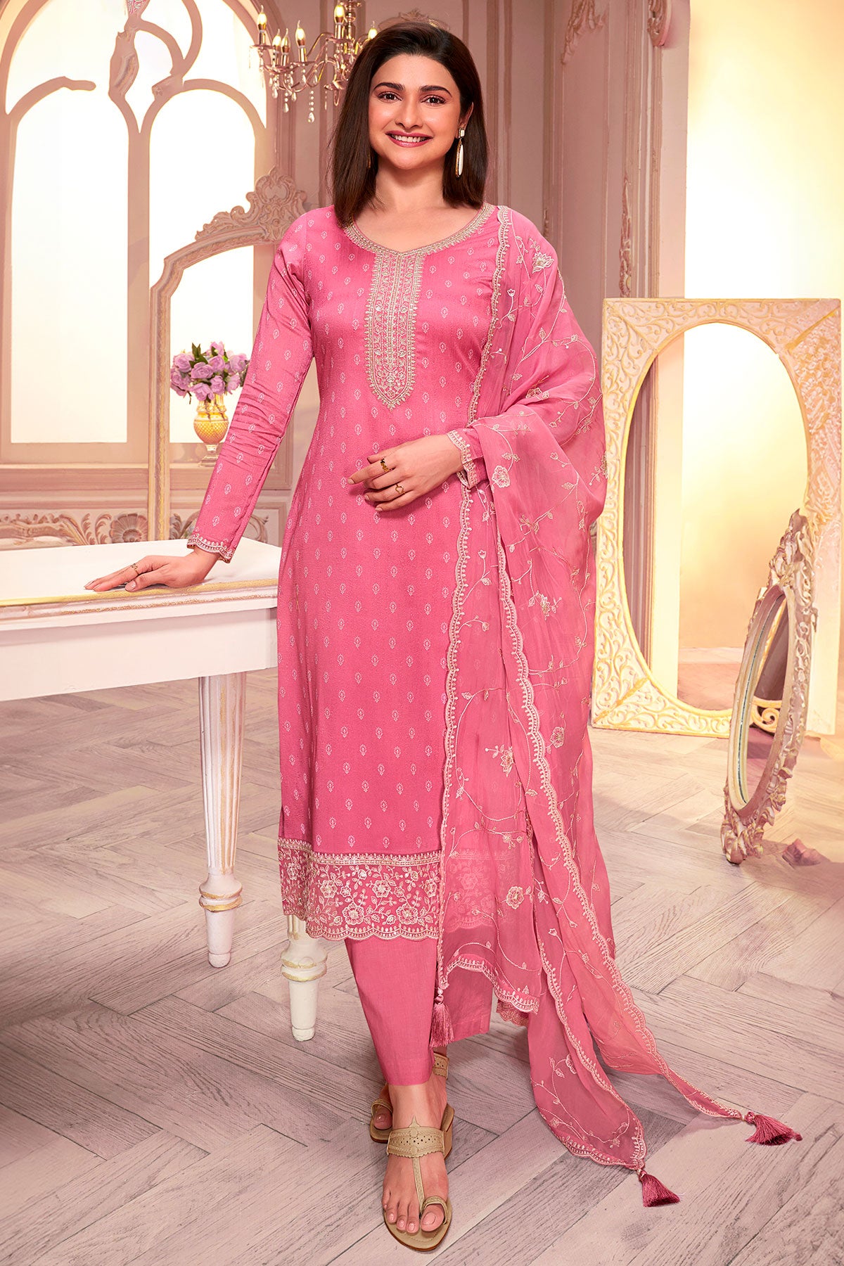 Pink Silk Georgette Floral Threadwork And Sequins Embroidered Suit