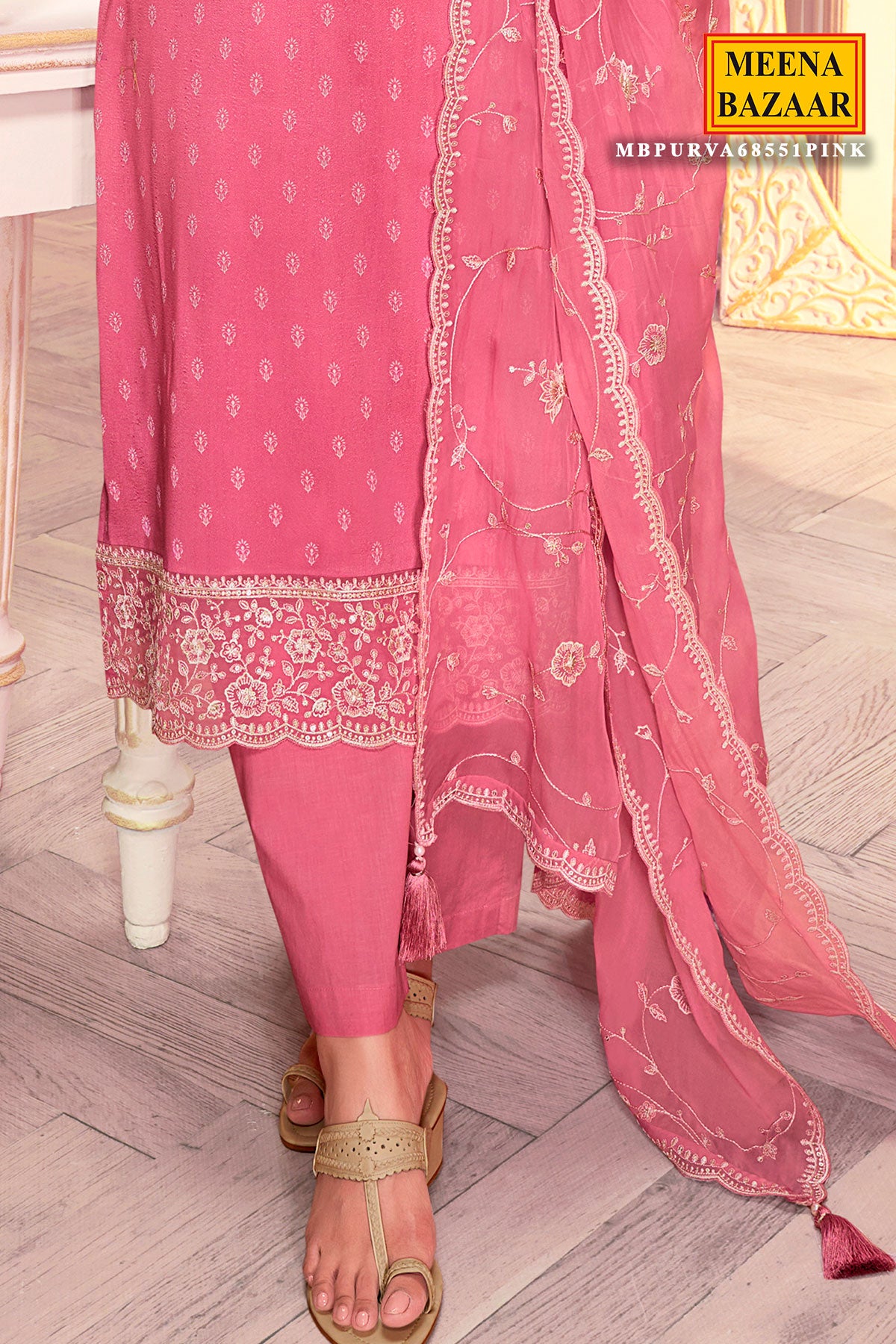 Pink Silk Georgette Floral Threadwork And Sequins Embroidered Suit