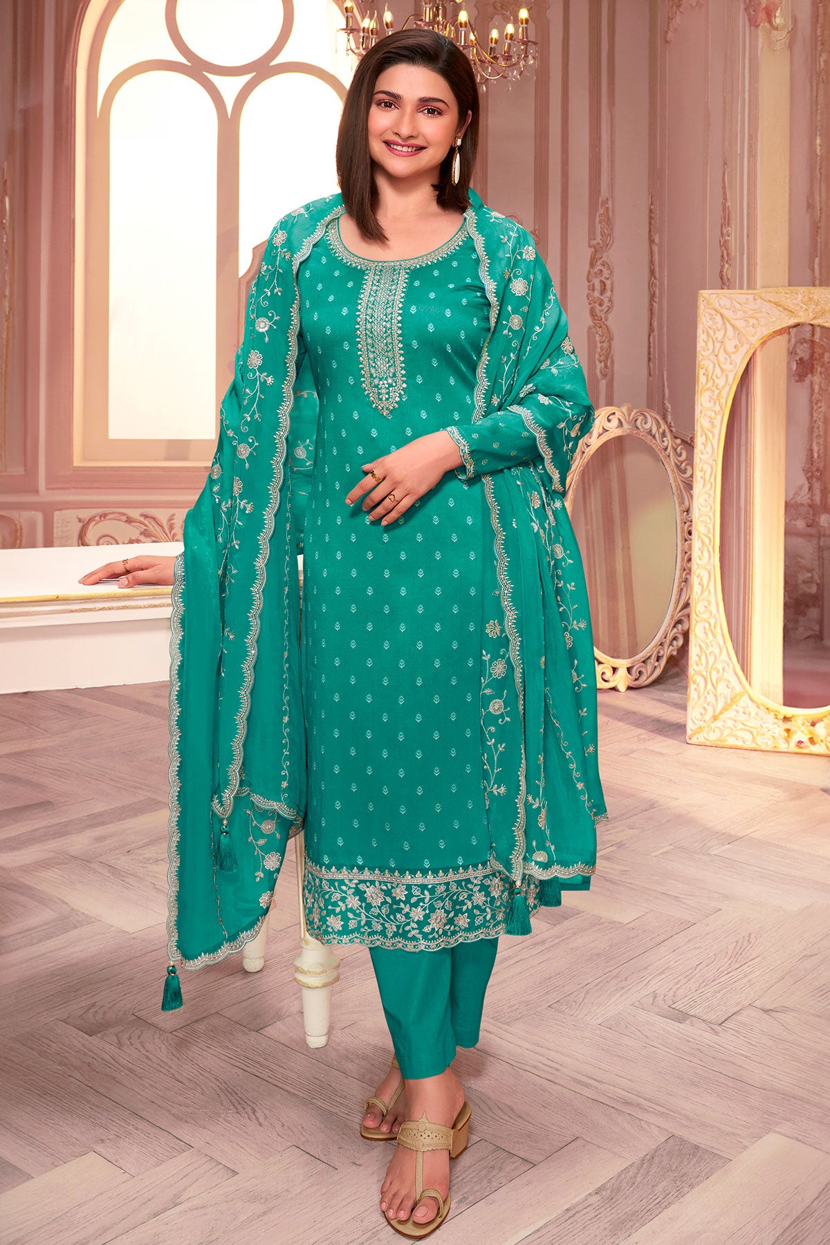 Rama Silk Georgette Floral Threadwork And Sequins Embroidered Suit