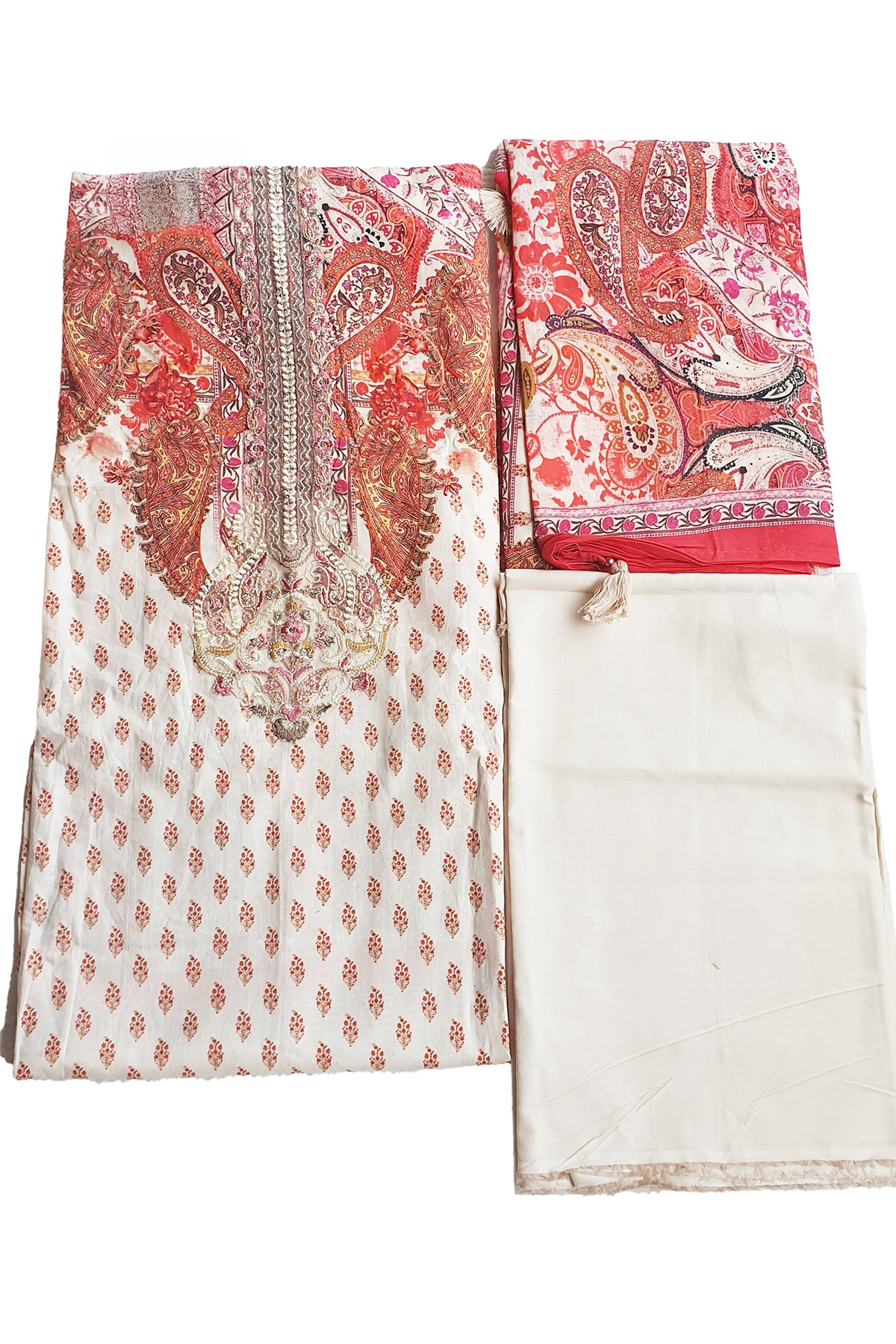 Cream Printed Cotton Resham Embroidered Unstitched Suit