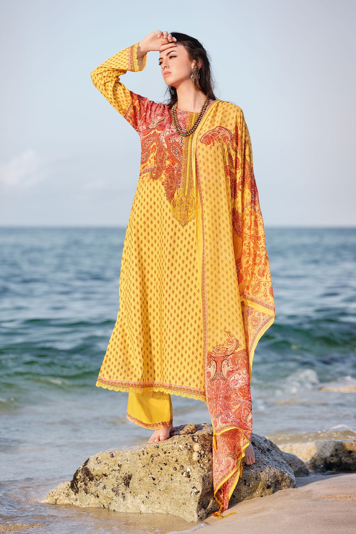 Mustard Printed Cotton Resham Embroidered Unstitched Suit