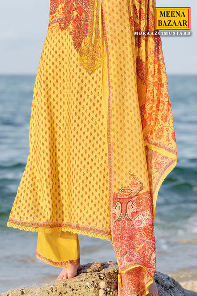 Mustard Printed Cotton Resham Embroidered Unstitched Suit