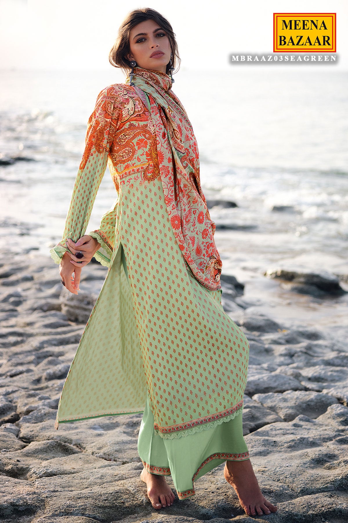 Sea Green Printed Cotton Resham Embroidered Unstitched Suit