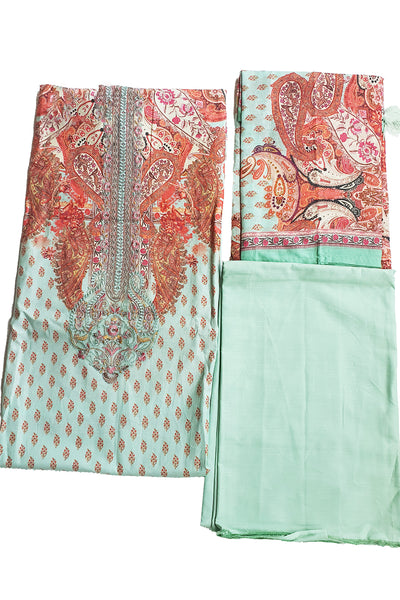 Sea Green Printed Cotton Resham Embroidered Unstitched Suit