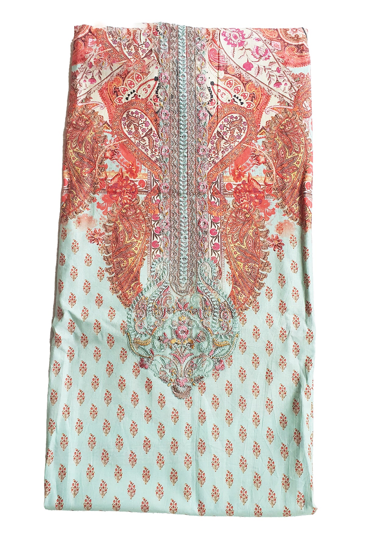 Sea Green Printed Cotton Resham Embroidered Unstitched Suit