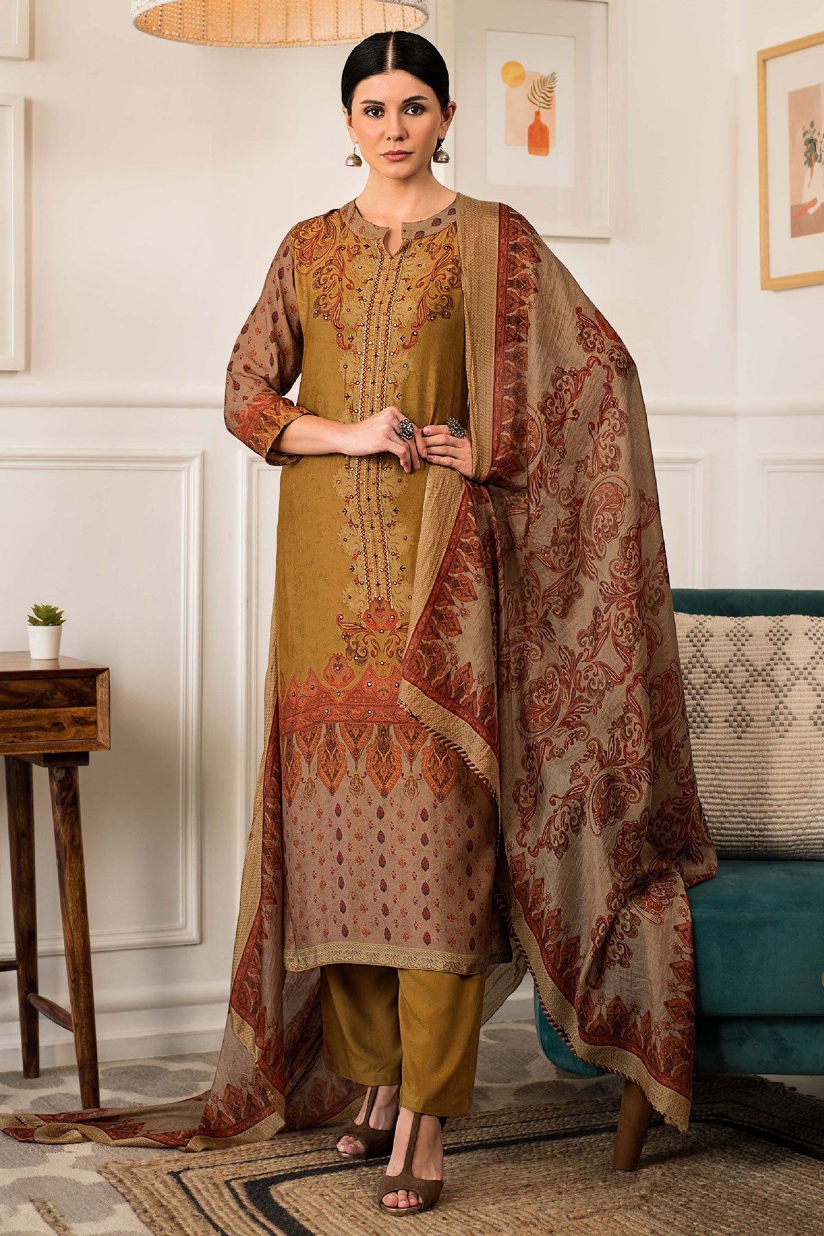 Mustard Pashmina Floral Printed Embroidered Suit Set