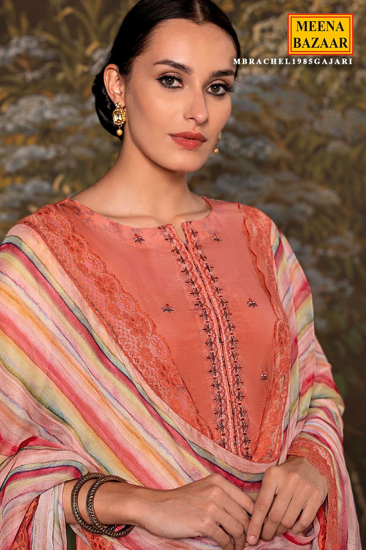 Gajari Thread Embroidered With Lace Organza Suit Set