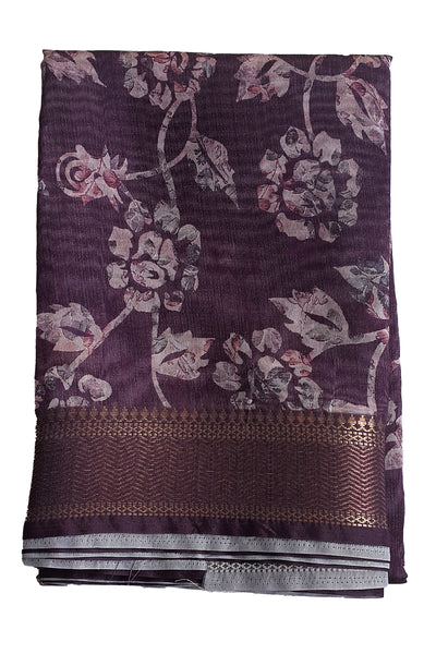 Wine Cotton Floral Printed Saree