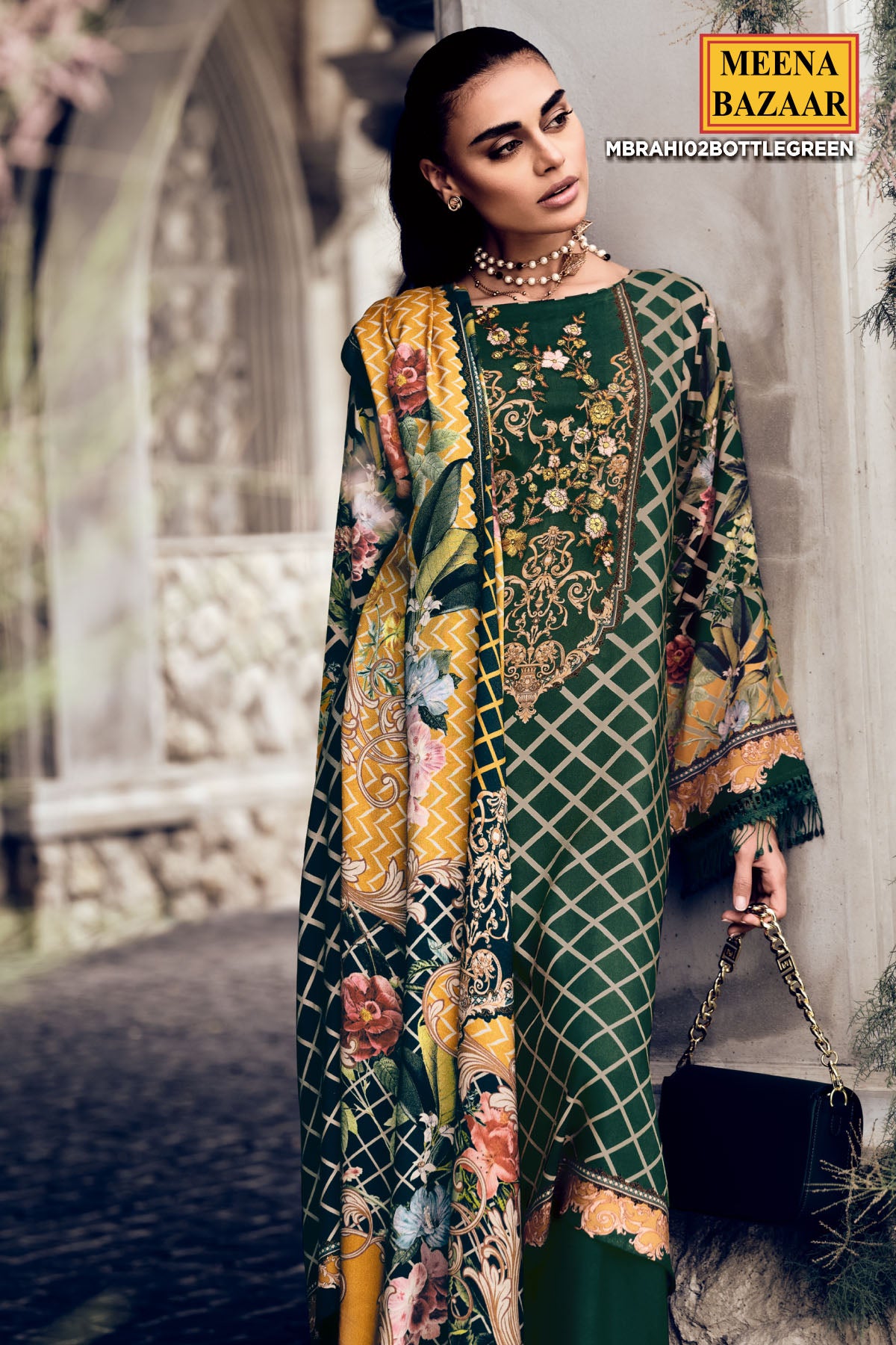 Bottle Green Pashmina Printed Threadwork and Net Embroidered Suit Set
