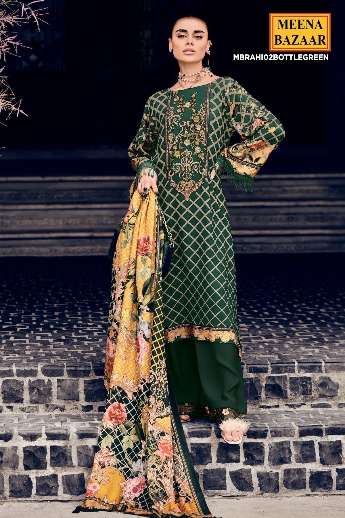 Bottle Green Pashmina Printed Threadwork and Net Embroidered Suit Set