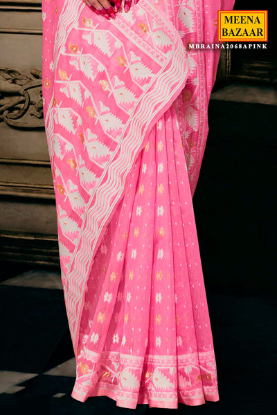 Pink Cotton Floral Woven Saree
