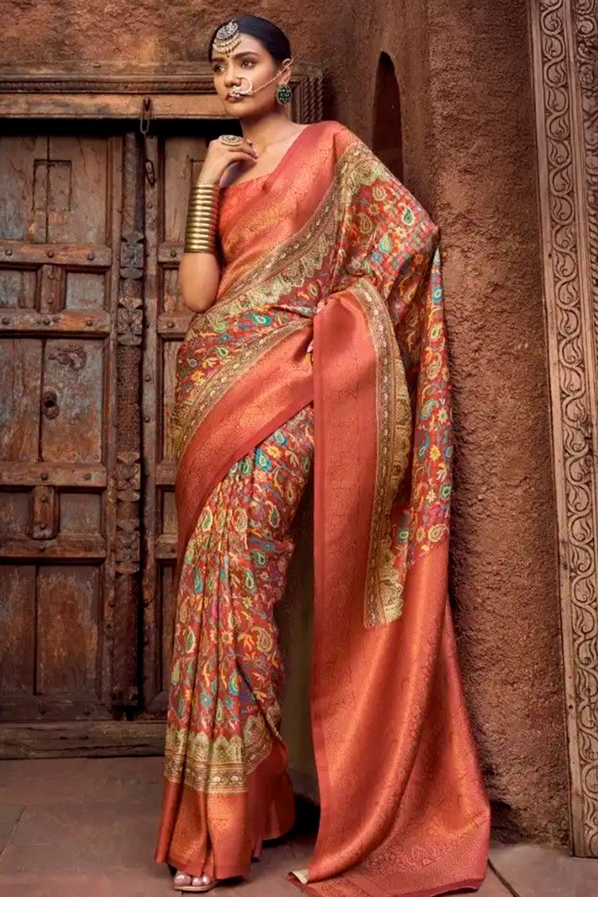 Rust Silk Softline Zari Weaving With Digital Print Saree