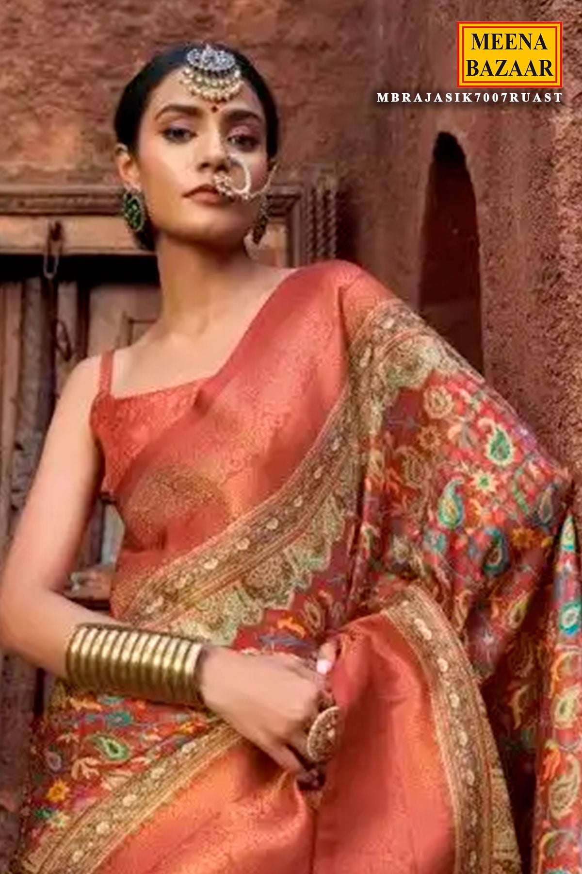 Rust Silk Softline Zari Weaving With Digital Print Saree