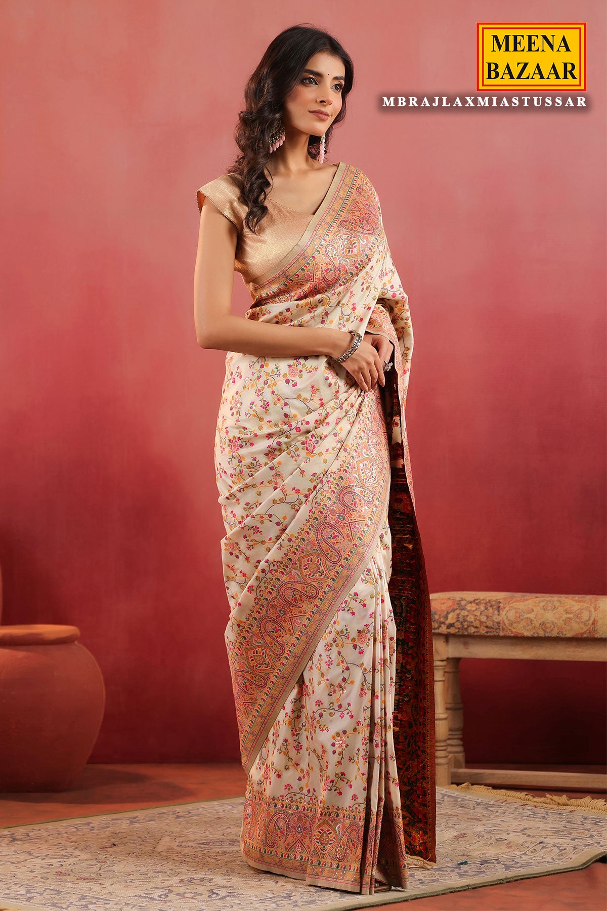 Floral Printed Tussar Silk Saree Lightweight & Festive