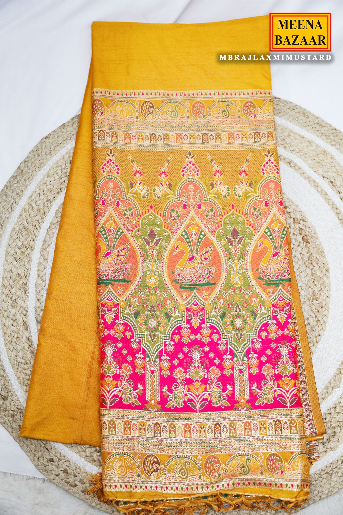 Radiant Mustard Silk Saree with Antique Zari Border and Rich Pallu