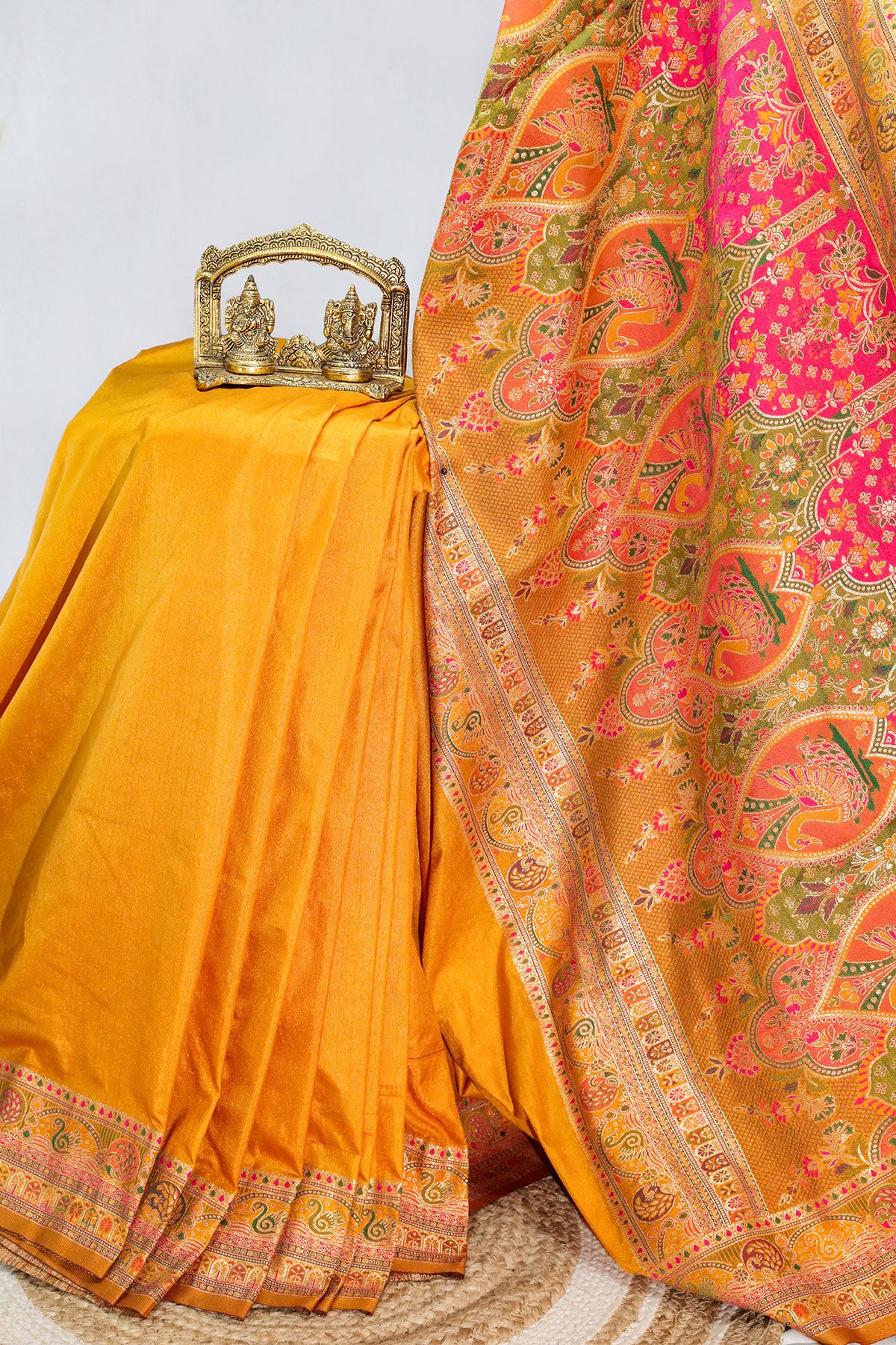 Radiant Mustard Silk Saree with Antique Zari Border and Rich Pallu