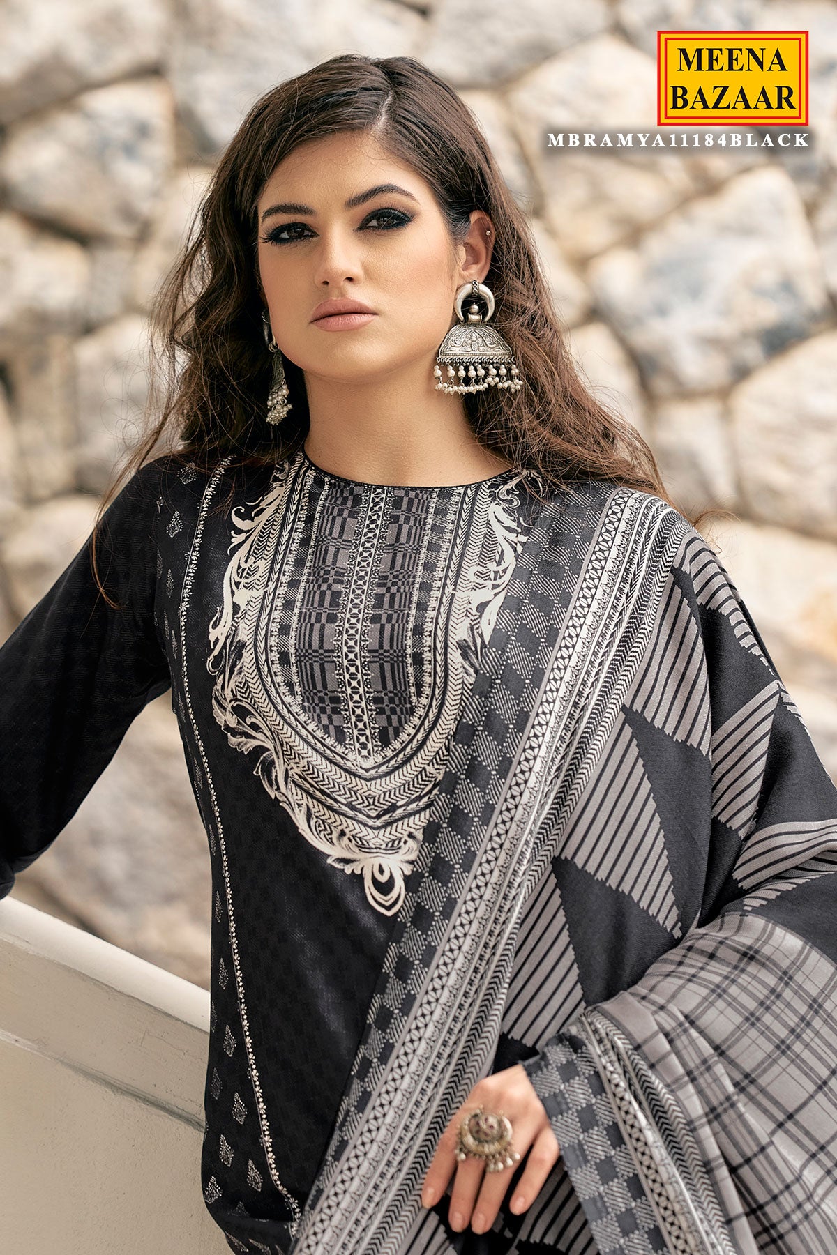 Black Viscose Pashmina Printed Suit Set