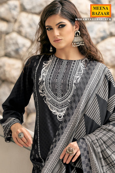 Black Viscose Pashmina Printed Suit Set