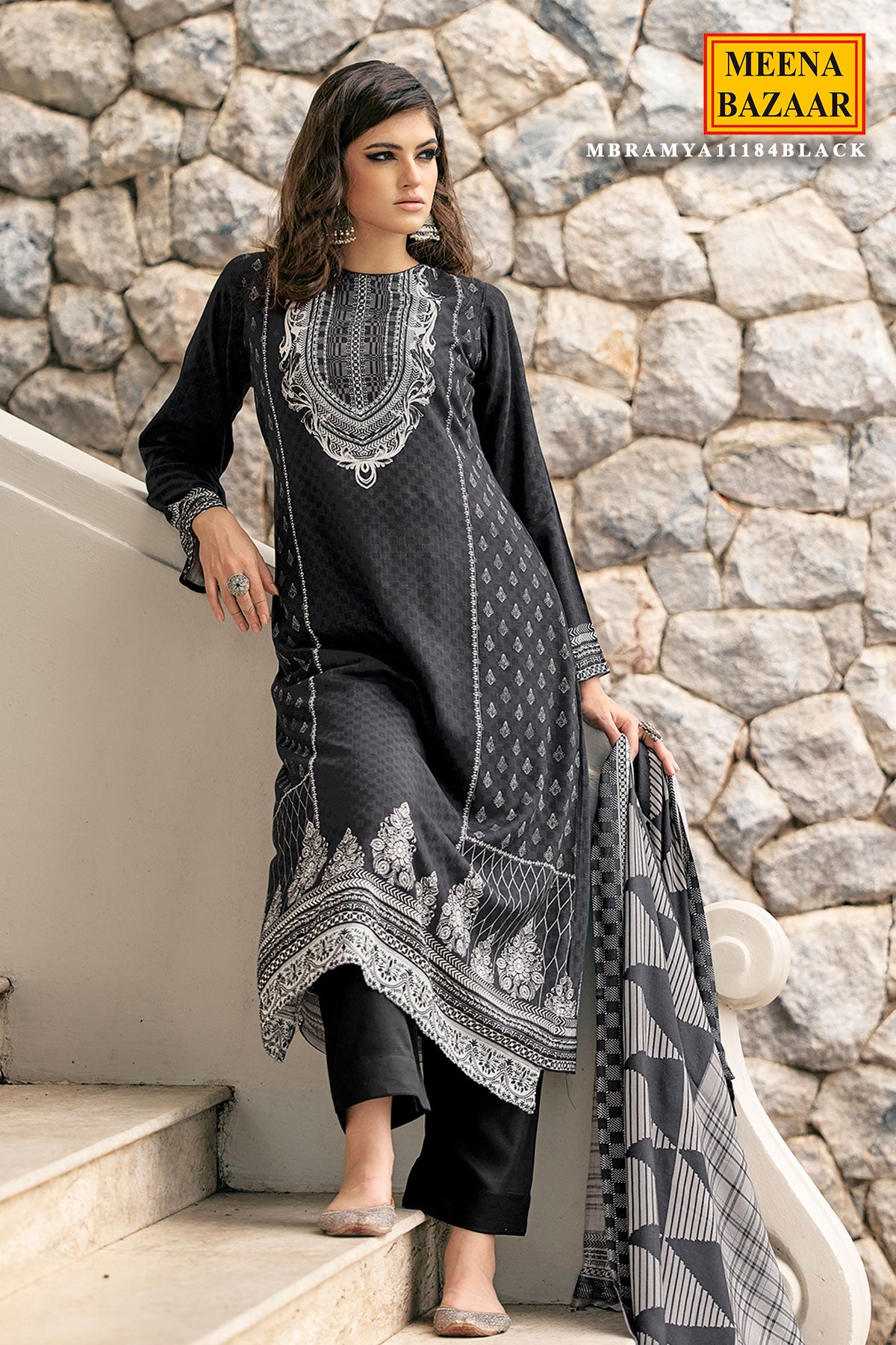 Black Viscose Pashmina Printed Suit Set