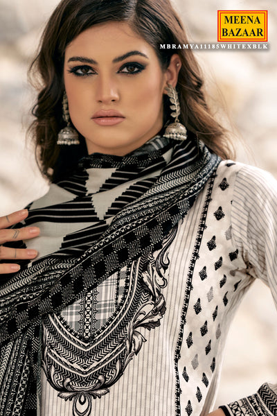 White And Black Viscose Pashmina Printed Suit Set