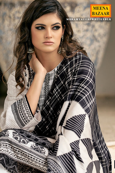 White And Black Viscose Pashmina Printed Suit Set