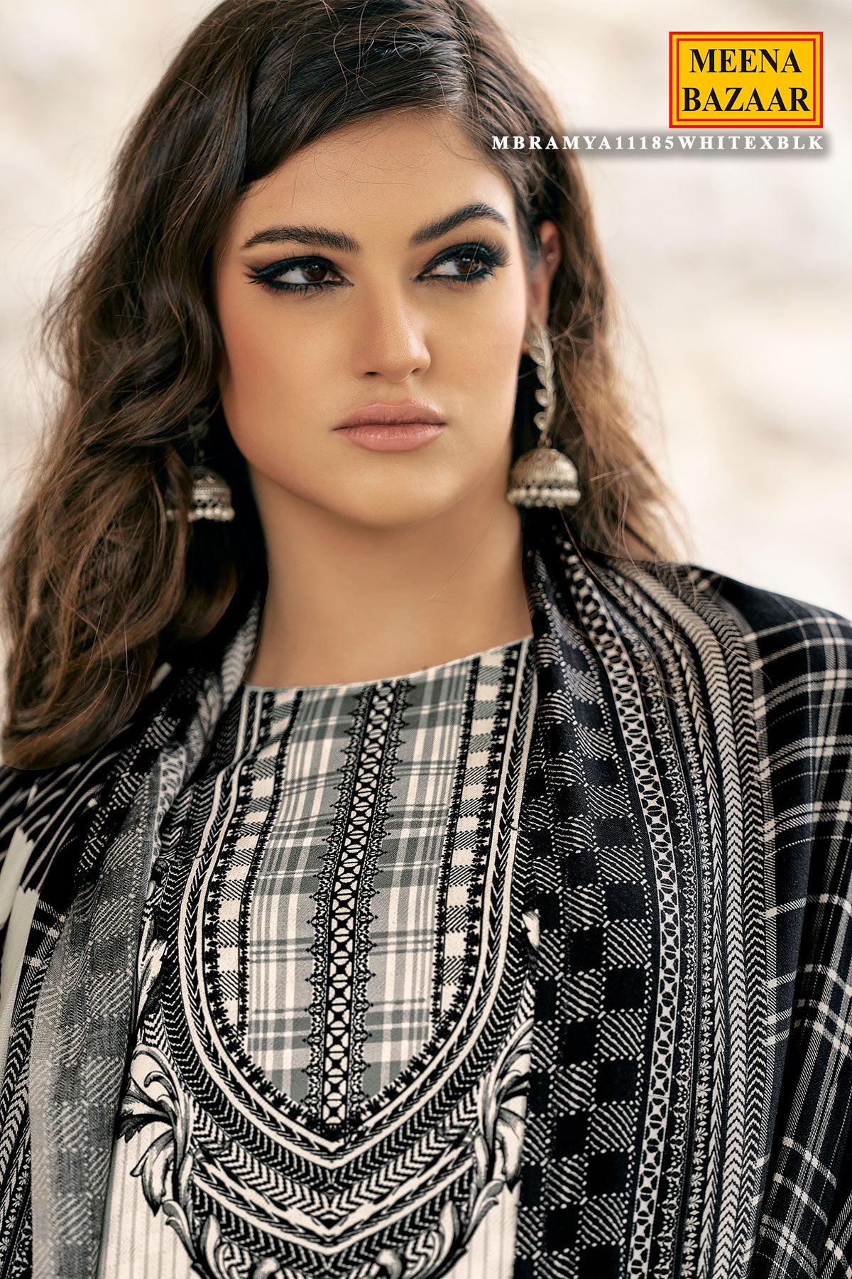 White And Black Viscose Pashmina Printed Suit Set