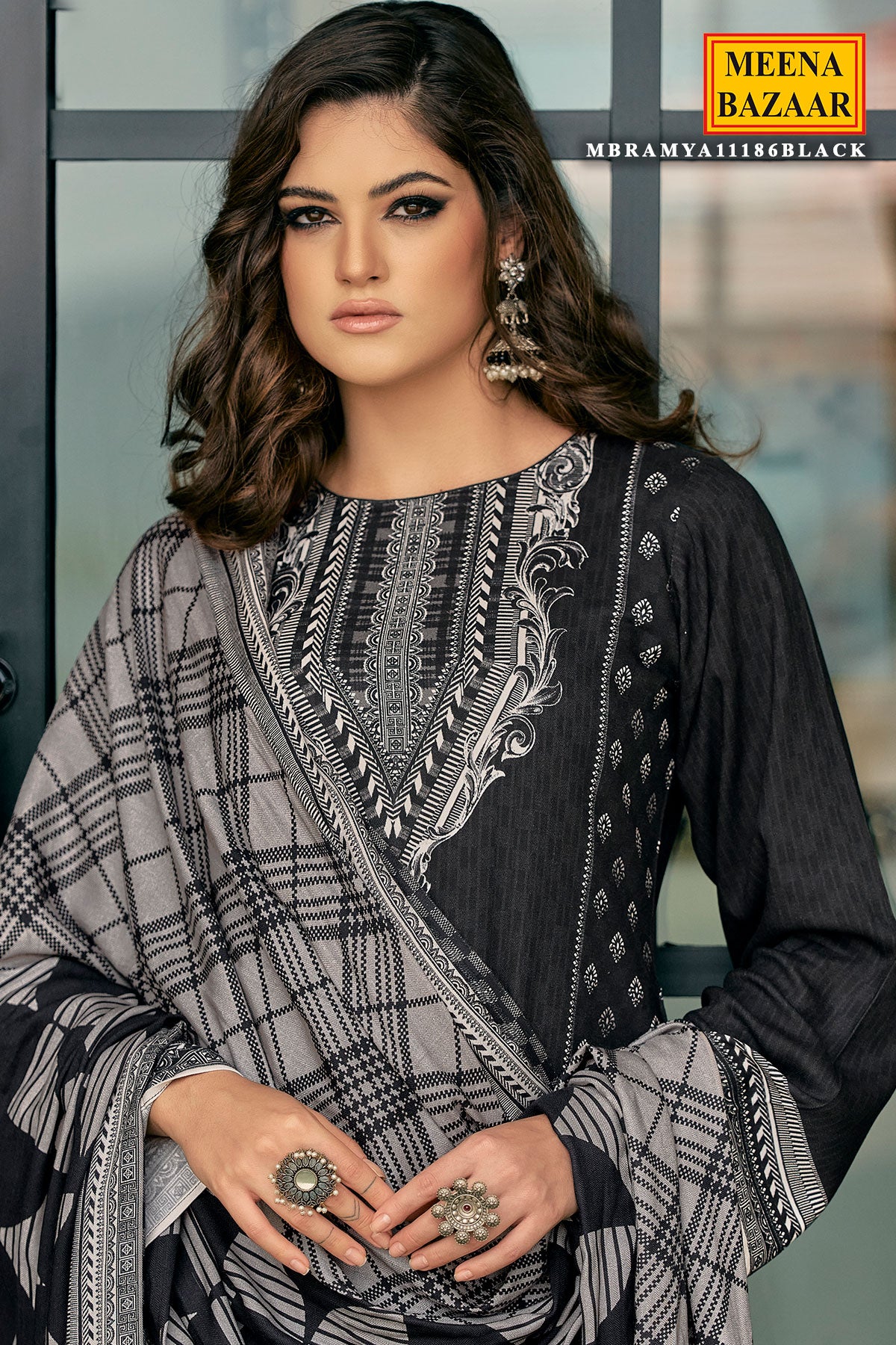 Black Viscose Pashmina Printed Suit Set