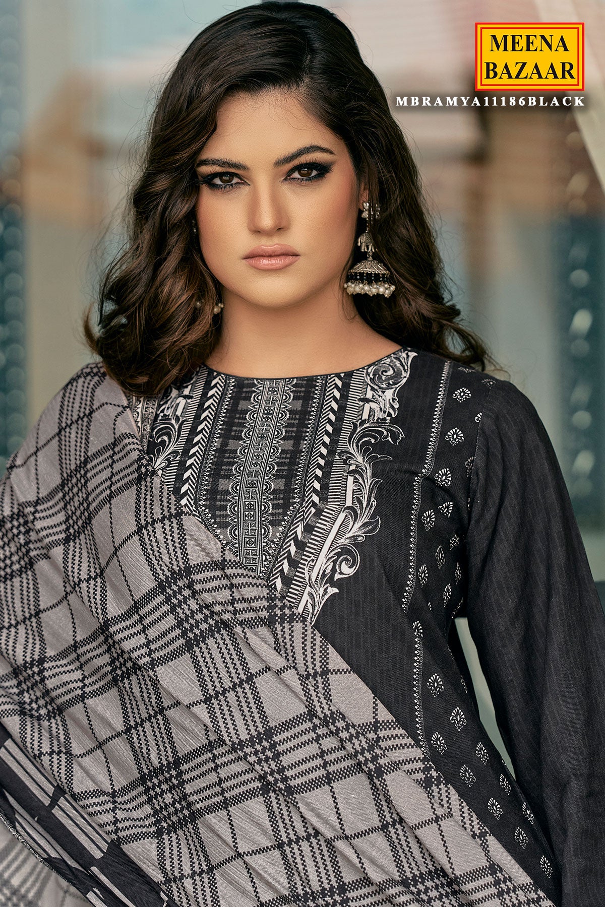 Black Viscose Pashmina Printed Suit Set