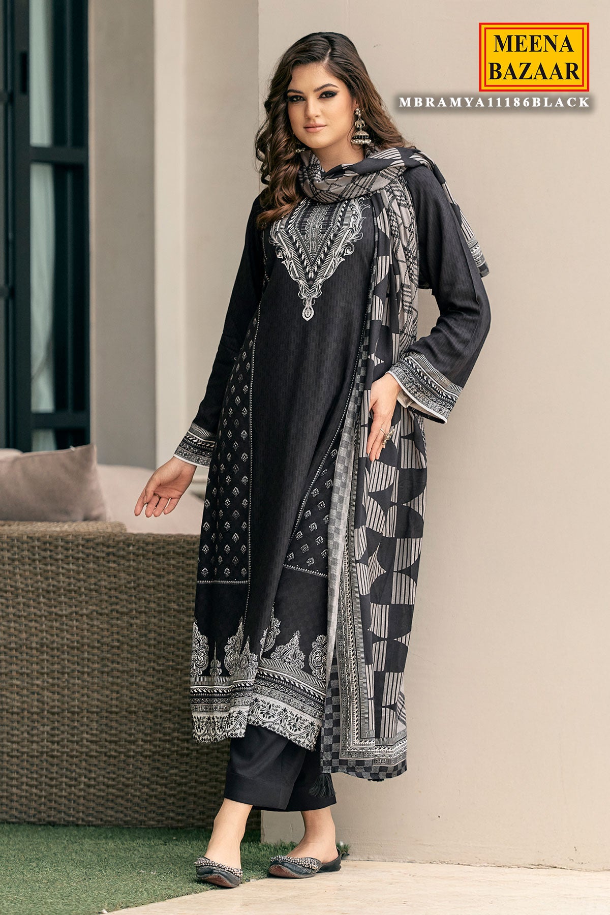 Black Viscose Pashmina Printed Suit Set