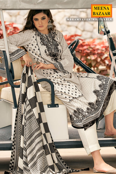 Black And White Viscose Pashmina Printed Suit Set