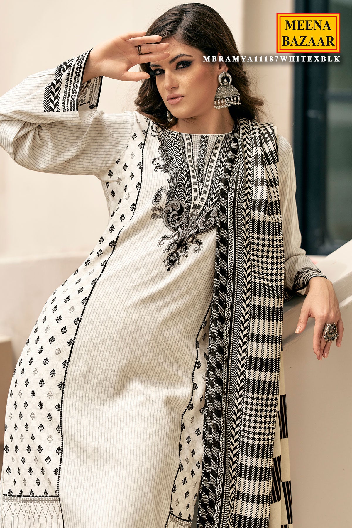 Black And White Viscose Pashmina Printed Suit Set