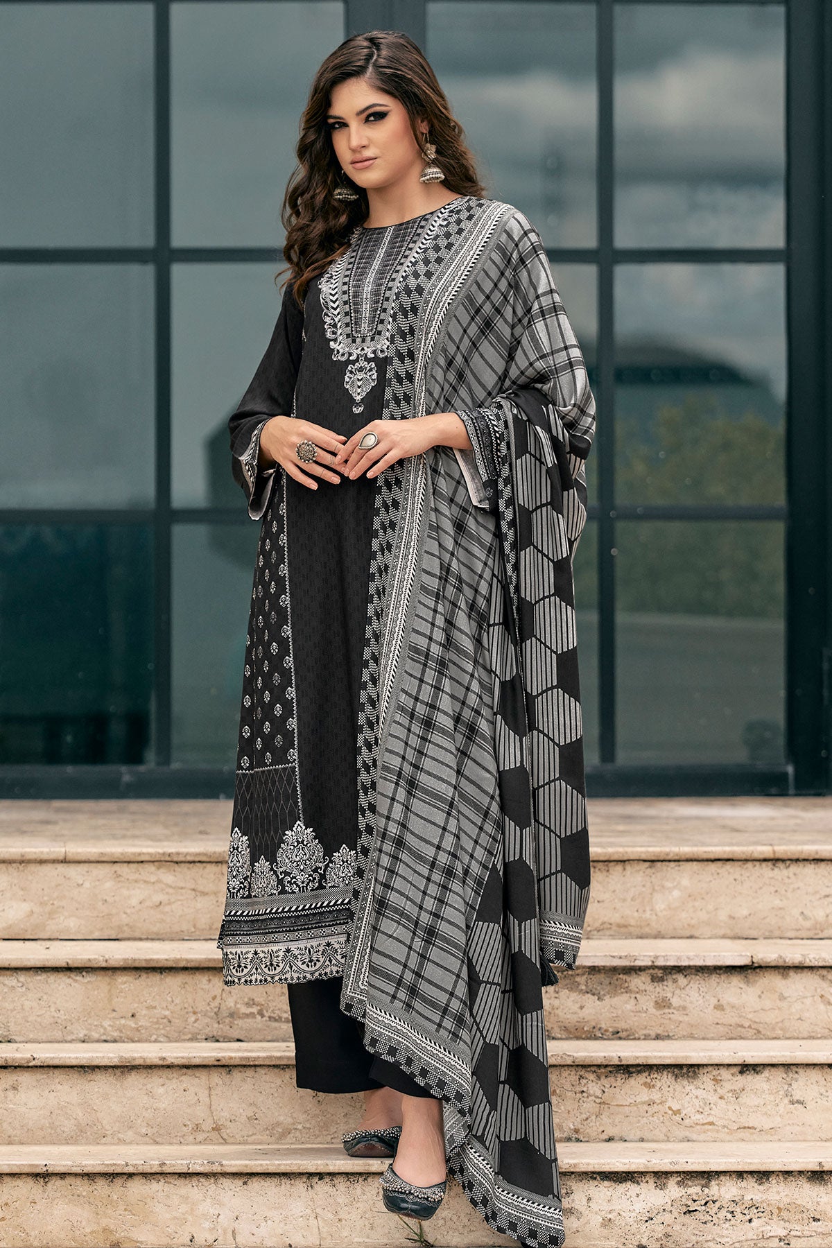 Black Viscose Pashmina Printed Suit Set