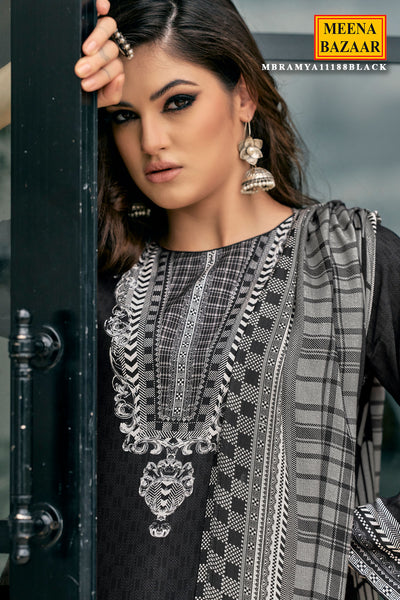 Black Viscose Pashmina Printed Suit Set