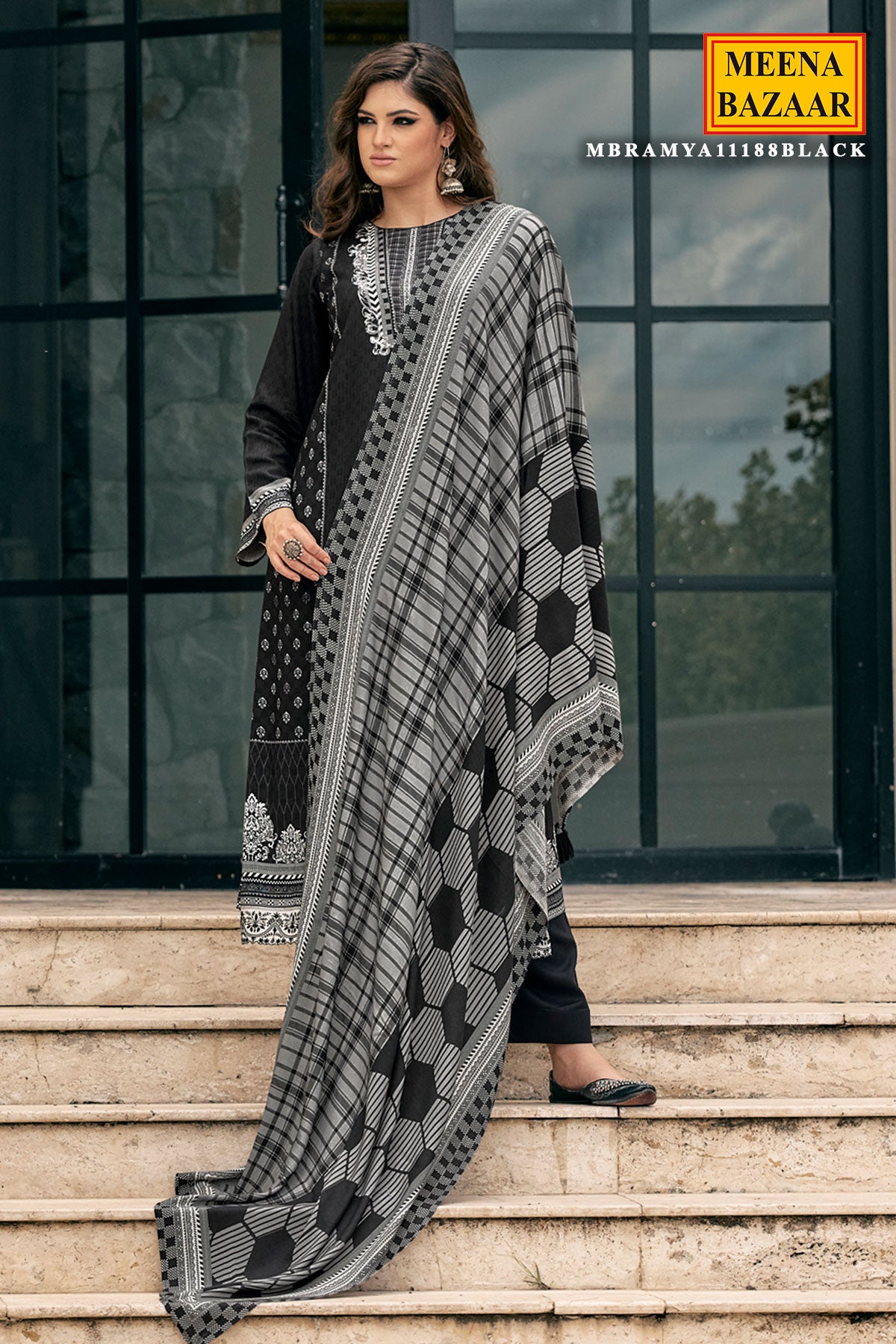 Black Viscose Pashmina Printed Suit Set