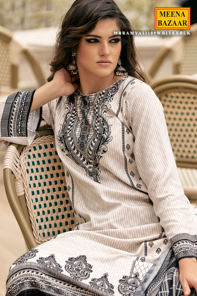 White And Black Viscose Pashmina Printed Suit Set