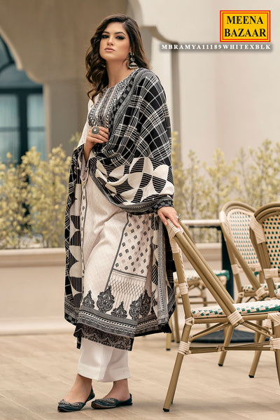 White And Black Viscose Pashmina Printed Suit Set