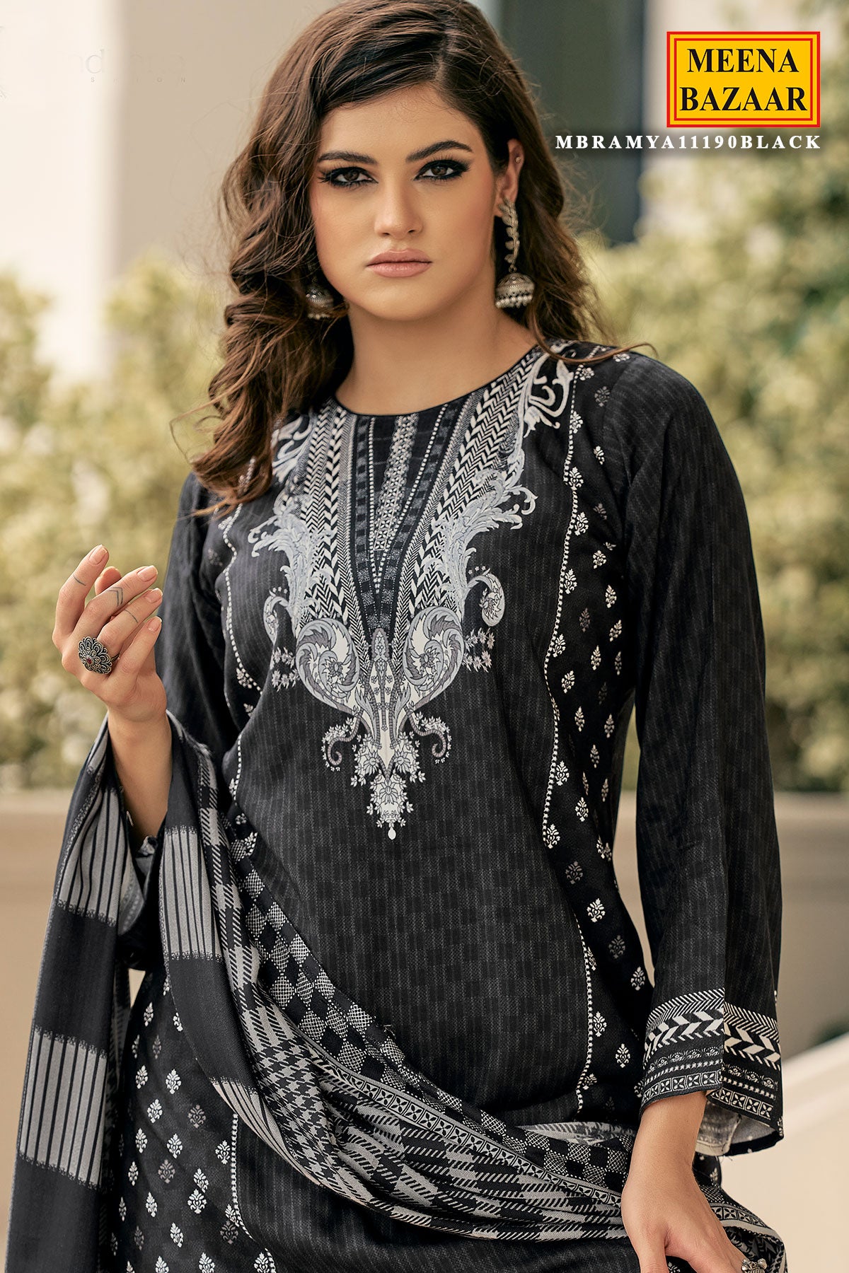 Black Viscose Pashmina Printed Suit Set