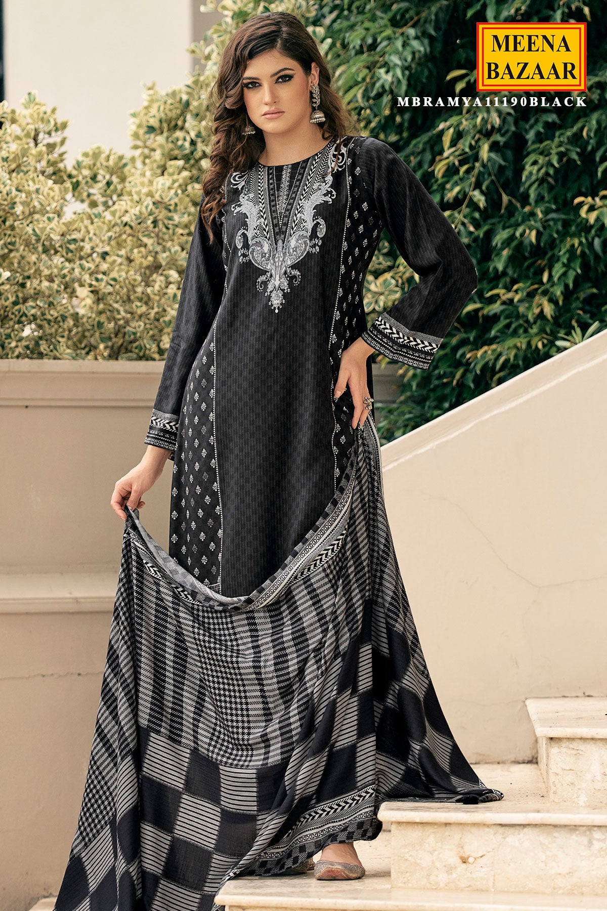 Black Viscose Pashmina Printed Suit Set