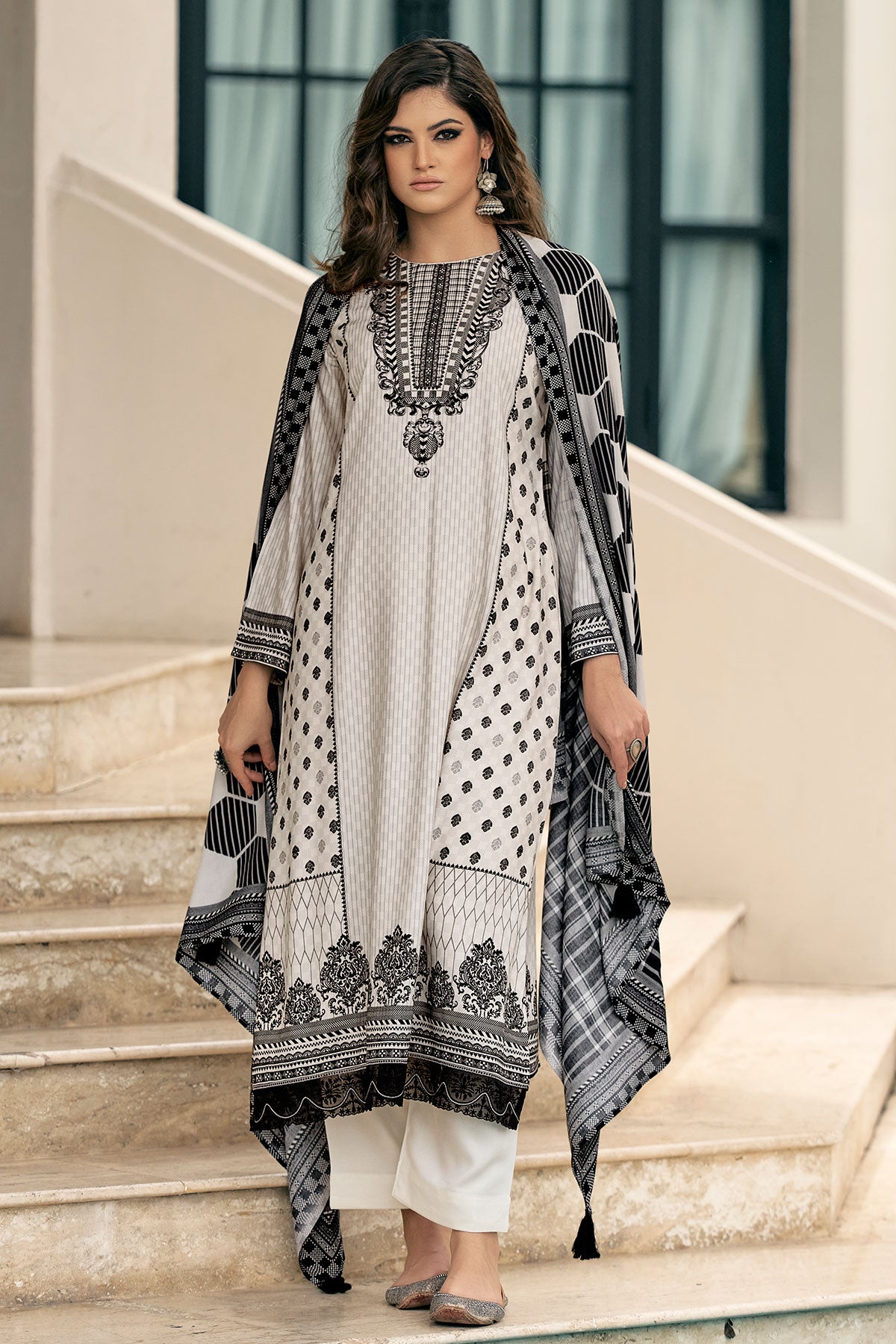 White Viscose Pashmina Printed Suit Set