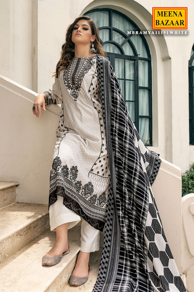 White Viscose Pashmina Printed Suit Set